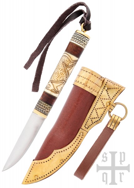 Kleines Wikinger-Messer, Karbonstahl, Holz-/Knochengriff mit Torslunda-Motiv